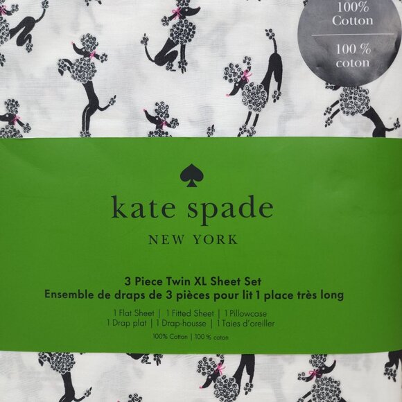 Kate Spade New York 3 Piece Twin XL Sheet Set Dancing Poodles Cotton Black White - Picture 3 of 9